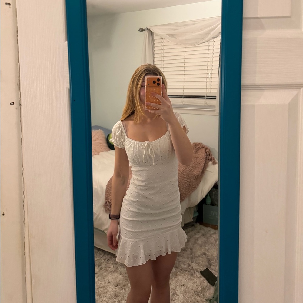 Emerald Sundae White Mini Dress with Ruffle Hem